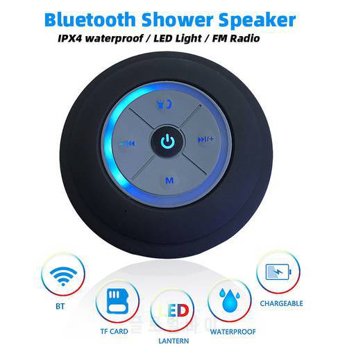 Portable Bluetooth Speaker Wireless Waterproof Shower Speaker with FM Radio LED Light Bluetooth Soundbar Hand Free Loudspeaker