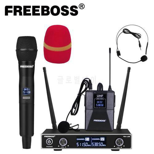 Freeboss FB-U35H Dual Way UHF Fixed Frequency Wireless Microphone System with Handheld + Lapel + Headset for Karaoke Microphone