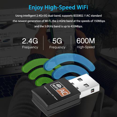 Kebidu 2.4Ghz/5.8Ghz USB Wireless/WiFi AC Adapter Dual Band 600Mbps Mini Network Card USB2.0 Wi-fi Adapter Support 802.11b/g/n