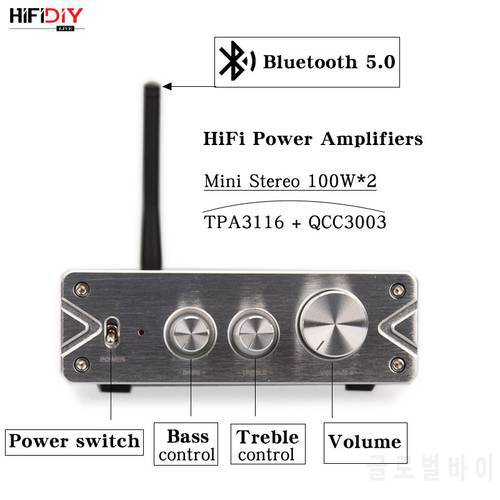 HIFIDIY LIVE HiFi 2.0 Full Digital Audio Power Amplifier 100W*2 Bluetooth 5.0 QCC3003 TPA3116 tonal treble and bass adjustment