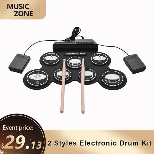 Drum Electronic Drum Set Compact Size USB Folding Silicon Drum Pad Digital Electronic Drum Kit 7-Pad with Drumsticks Foot Pedals