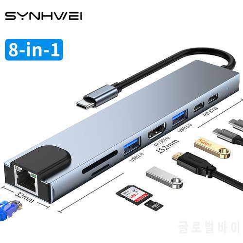 4 / 8 in 1 USB 3.0 Hub For Laptop Adapter PC PD Charge 8 Ports Dock Station RJ45 HDMI-4K TF/SD Card For Macbook Type-C Splitter