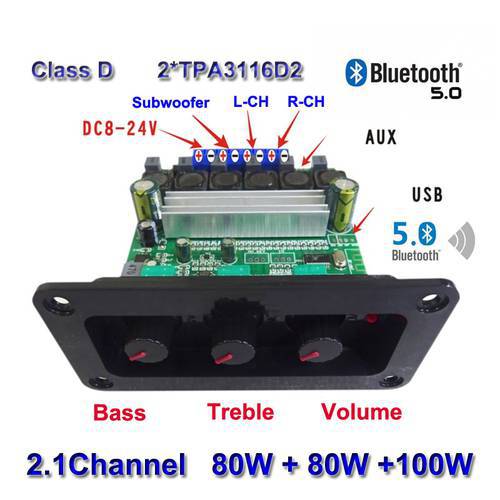 Bluetooth-Compatible 2*80W+100W TPA3116D2 Class D Power Subwoofer Amplifier Board 2.0 2.1 Ch Home Theater Audio Equalizer Amp