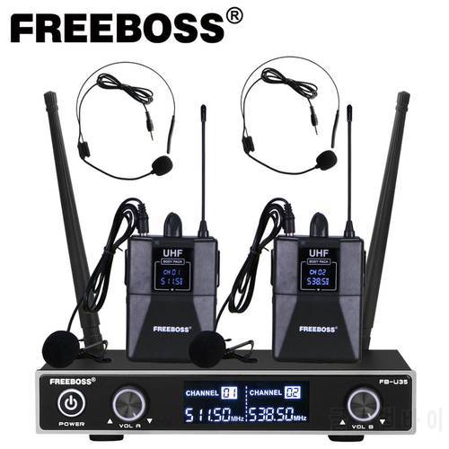 Freeboss FB-U35H2 Dual Way UHF Fixed Frequency Wireless Microphone System with 2pcs Bodypack + 2pcs lavalier&headset Speech Mic
