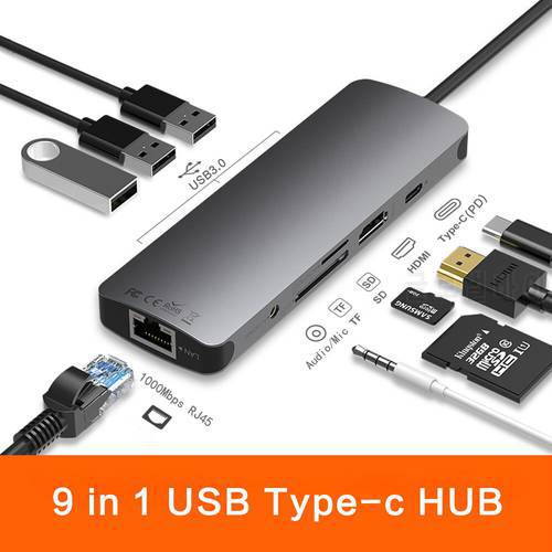 9 in 1 USB C HUB To 4K HDMI USB 3.0 PD Adapter RJ45 Audio SD/TF For MacBook Pro USB Splitter USB HUB 3 0 For Type C Laptop