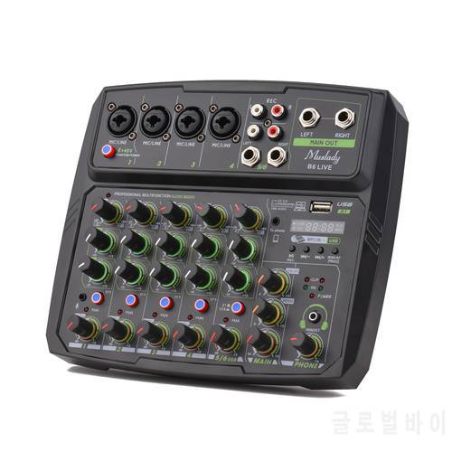 4-Channel Audio Mixer Mixing Console LED Screen Built-in Soundcard USB BT Connection with 2-band EQ Gain Delay Repeat Control