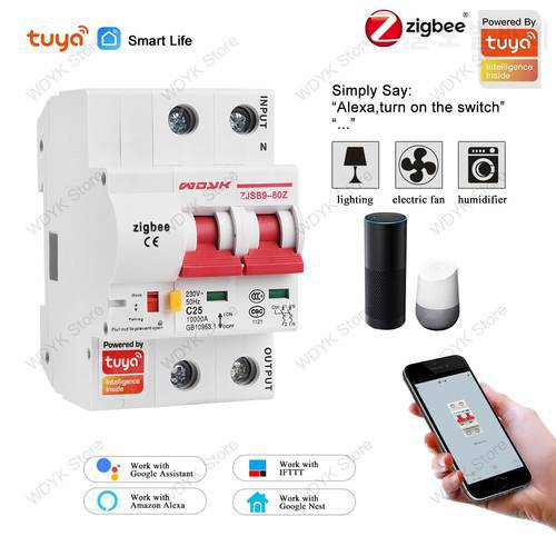 Tuya zigbee 2P Smart circuit breaker remote control no distance limit compatible Alexa echo google Assistant for Smart Home