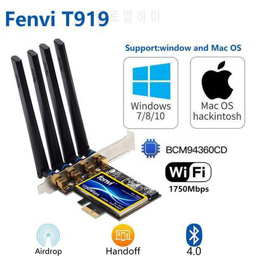 1750Mbps Fenvi T919 802.11ac 2.4G/5GHz Dual Band Desktop PC Bluetooth 4.0 PCIe WiFi Card Adapter BCM94360CD For MacOS Hackintosh