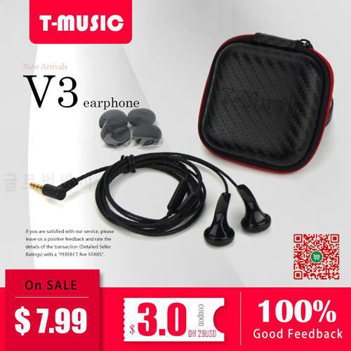 New V3 HiFi T-Music Earphone 3.5mm In-Ear Earphones 44ohm Headset Neutral Sound