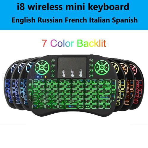 2.4G Wireless Keyboard Backlit I8 Mini Keyboard Air Mouse English Russian Spanish French Remote Control for Android TV BOX