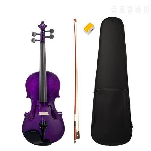Full Size 4/4 Violin Student Violin Basswood Violin Ebony Fingerboard KIT+Bridge+Rosin+Case+Bow Purple Color Acoustic Violin