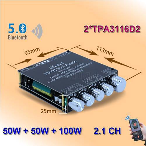 Bluetooth 5.0 2*50W+100W TPA3116D2 Power Subwoofer 2.1 CH Amplifier Board Class D Home Theater Audio Stereo Equalizer AUX Amp
