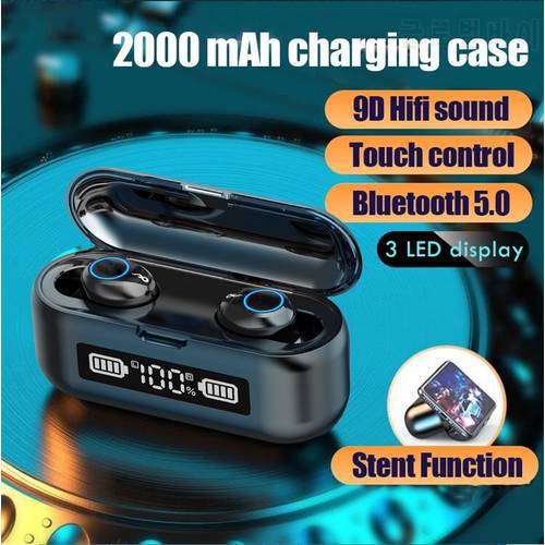 TWS Bluetooth Earphones Wireless Headphones 2000mAh Charging Case Headsets 9D Hifi Sound LED Display Sport Waterproof Earbuds