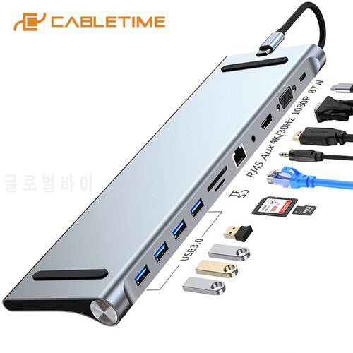 CABLETIME Multi 11 in 1 USB C HUB to HDMI 45 RJ45 LAN 1000Mbps SD TF Card Reader VGA PD Aux Port for Laptop Macbook H23