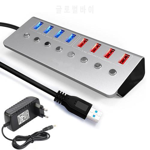 USB 3.0 HUB 8 Ports USB Extension On/Off Switches 15W Adapter Support Splitter For iPad MacBook Pro Computer With Power Adapter