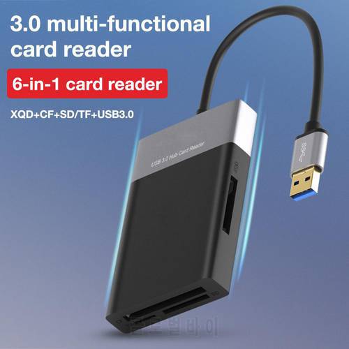 6 In 1 Multi Memory Card Reader USB 3.0 ABS Aluminum Alloy Shell PVC Wire Reader 2 Port HUB High Speed Adapter For XQD CF SD TF