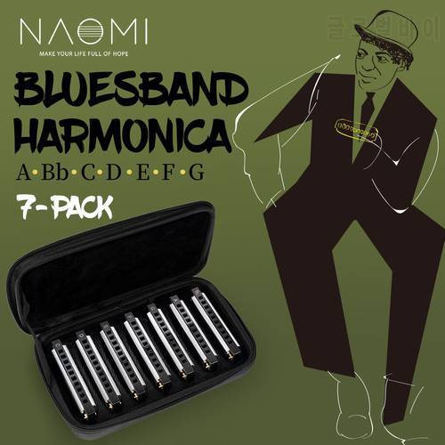 NAOMI New & Sealed 7PCS Harmonica 10 Holes Key Of C Blues Band Harmonica Set With Case C,D,E,F,G,A,Bb