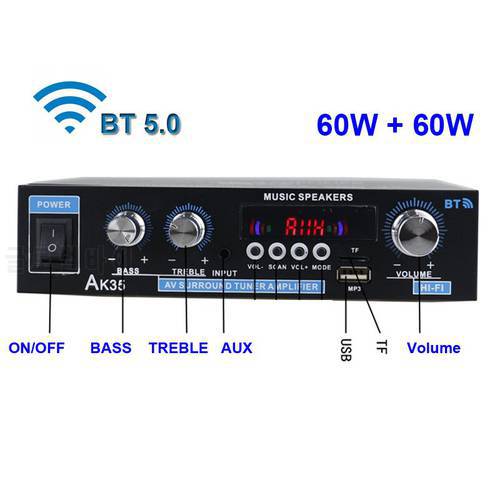 2*60W Bluetooth-Compatible FM Mp3 Player Audio Power Amplifier Equalizer HiFi Class D Digital Mp3 Decoder Music AMP AC110-240V