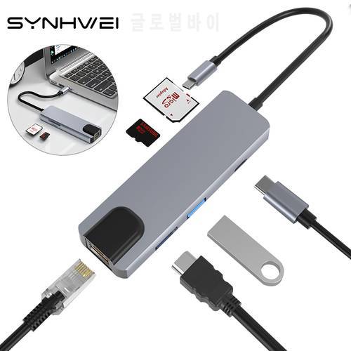 6 in 1 USB Hub 3.0 For Laptop Adapter PD Charge 6 Ports 100M RJ45 HDMI-4K TF/SD Card Notebook for MacBook Pro Type-C Splitter