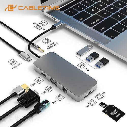 CABLETIME USB HUB C 10 in 1 USB3.0 5Gbps HDMI 4K VGA RJ45 100Mbps PD Port SD/TF Card Reader Aux Converter for Laptop H04