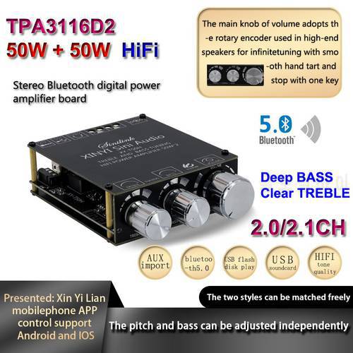 2*50W+100W Bluetooth 5.0 TPA3116D2 Power Subwoofer Amplifier Board 2.0/2.1 Class D Home Theater Audio Stereo Equalizer USB Amp