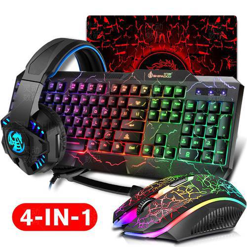 Gaming Keyboard Mouse LED Breathing Backlight Ergonomics Pro Combos USB Wired Full Key Professional Mouse Keyboard 4 In1