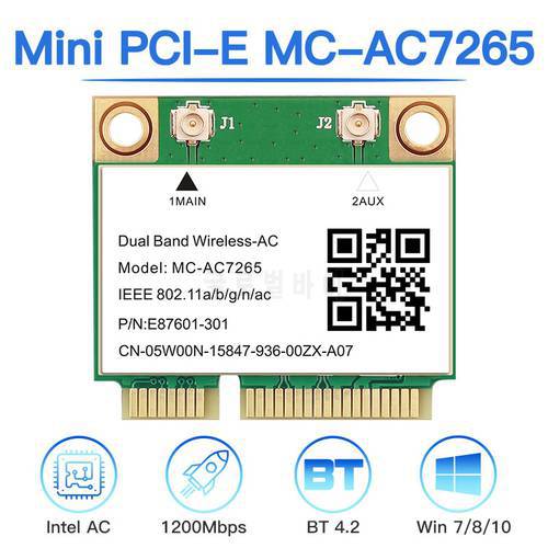 1200Mbps MiNi PCI-E MC-AC7265 Dual Band 2.4GHz/5GHz 802.11AC Bluetooth-compatible 4.2 Wireless Wifi Network Card For PC Laptop