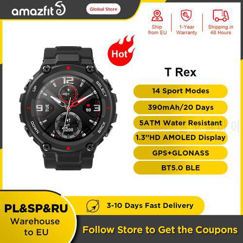 Original Amazfit T rex T-rex Smart Watch GPS Outdoor Smartwatch for Men Waterproof 20 days Battery Life for iOS Android