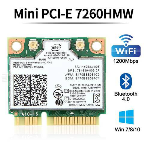 1200Mbps For Intel 7260 AC WiFi Card Mini PCI-E 7260HMW Dual Band 802.11AC 2.4Ghz/5Ghz Bluetooth 4.0 Wireless Wlan WiFi Adapter