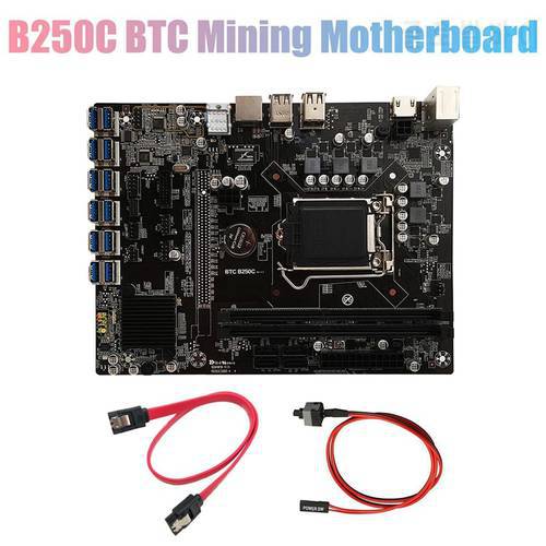 B250C BTC Mining Motherboard with SATA Cable+ Switch Cable 12XPCIE to USB3.0 GPU Slot LGA1151 Support DDR4 DIMM RAM