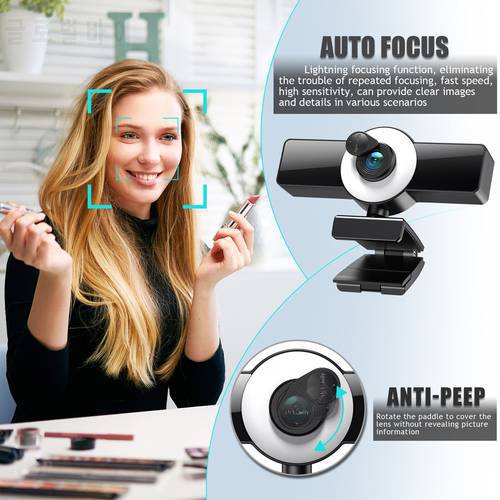 Web Camera 1080P HD USB Computer Camera With Microphone Wide Angle Webcam with Ring Light For PC Computer Laptop Desktop Camera