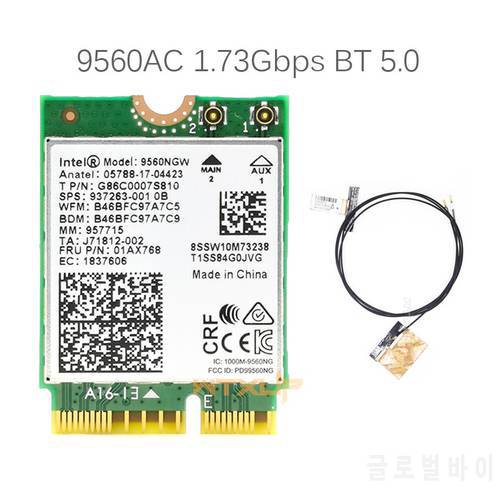 With 2pcs antennas For Intel 9560AC 9560NGW 1.73Gbps Wireless WIFI card M2 CNVi 802.11ac Bluetooth-compatible 5.0 for Windows 10