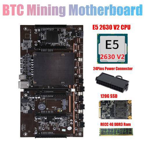 HOT-H61 X79 BTC Mining Motherboard with E5 2630 V2 CPU+RECC 4G DDR3 Ram+24 Pins Connector+120G SSD Support 3060 3070 GPU