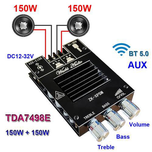 150W + 150W TDA7498E Audio Power Amplifier Equalizer BT 5.0 Stereo Subwoofer HiFi Class D Digital Music Home Theater AUX AMP