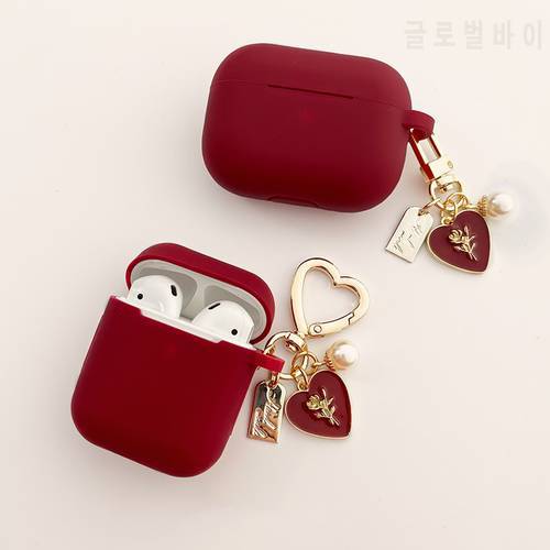 Pearl Love Rose Vintage Keyring For AirPods 1 2 Case Wine Red Earphone Protective Case For Airpods Pro 3 Headphone Case Cute