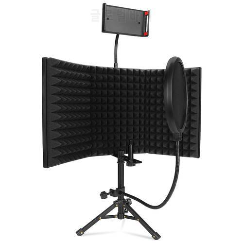Microphone Isolation Shield with Tripod High Density Foam Wind Screen Foldable Isolation Cover for Microphone Recording