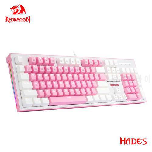 REDRAGON HADES K623 USB Pink White Mechanical Gaming Keyboard Blue Switch Led Backlit 104 Keys for Computer PC Laptop Gamer