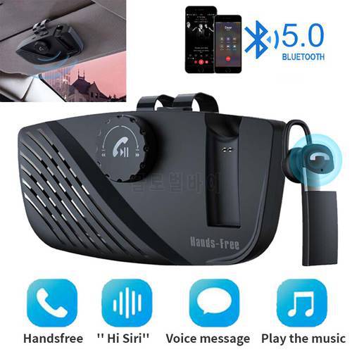 Bluetooth 5.0 Car MP3 Player Sun Visor Speakerphone Wireless Handsfree Car Kit With In-ear Earphones Audio Loundspeaker