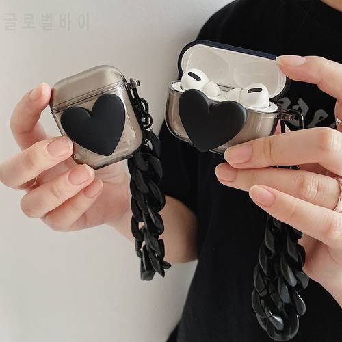Clear Black Heart Cool Case For AirPods 3 2 Cute Transparent Cover with Retro Chain Keyring Earphone Case Funda For Airpods Pro