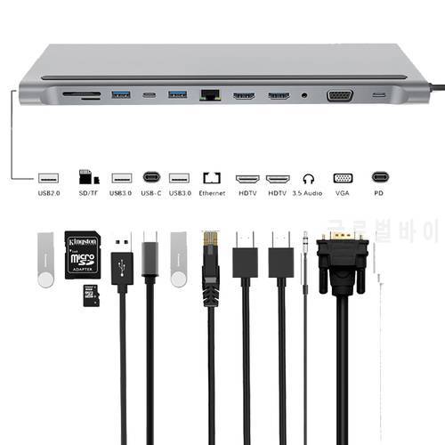 DeepFox 12-In-1 Type C Hub USB C to Dual HDMI-compatible VGA Rj45 USB3.0 SD/TF Card Reader Power Adapter Hub for MacBook Pro