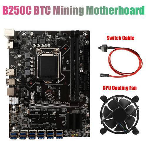 B250C BTC Mining Motherboard with CPU Cooling Fan+Switch Cable 12*PCIE to USB3.0 GPU Slot LGA1151 Supports DDR4 DIMM RAM