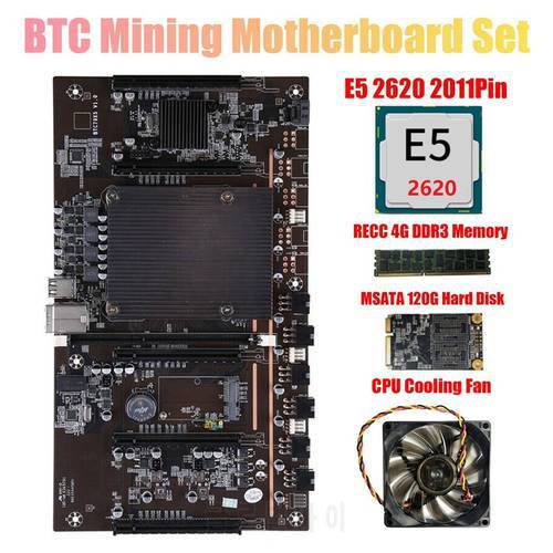 X79 H61 BTC Mining Motherboard 5X PCI-E Support 3060 3070 3080 GPU with E5 2620 CPU RECC 4GB DDR3 Memory 120G SSD+Fan