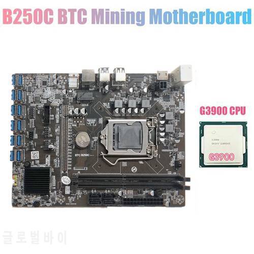 HOT-B250C BTC Mining Motherboard with G3900 CPU 12XPCIE to USB3.0 Graphics Card Slot LGA1151 Supports DDR4 DIMM RAM for BTC