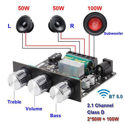 2*50W+100W Bluetooth Power Subwoofer Amplifier Board Class D 2.1 CH Home Theater Audio Stereo Equalizer APP AUX Amp