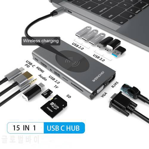 USB C HUB Docking Station Type C For Macbook Air Lenovo Laptop USB-C HDMI TF/SD Card RJ45 Lan Vga PD Charge 4K USB3.0 Splitter