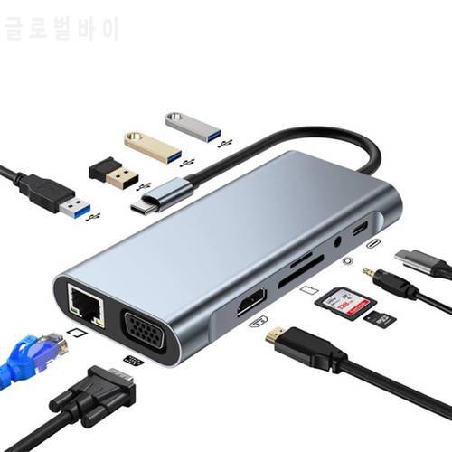 11in1 USB C Hub To 4K HDMI-compatible VGA RJ45 Lan Ethernet Computer Projector Type-C Docking Station for Laptop MacBook Xiaomi