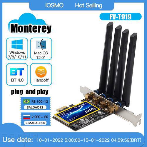 FV-T919 1750Mbps PCIe Wifi Card BCM94360 Dual Band 2.4G/5GHz For MacOS Hackintosh 802.11ac Bluetooth-compatible 4.0 Desktop PC