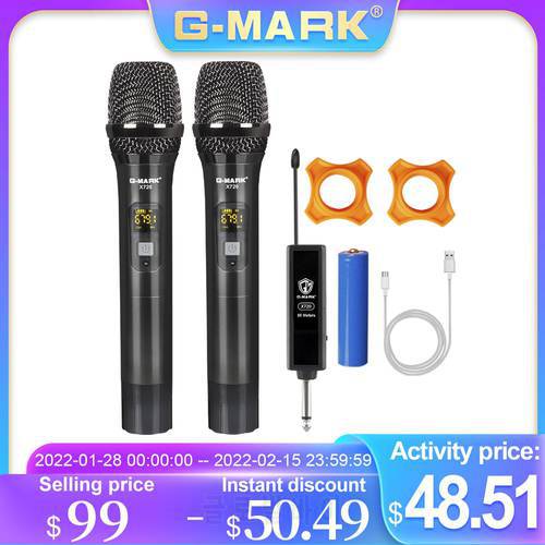 Wireless Microphone G-MARK X720 Professional UHF Handheld Karaoke 2 Channel Rechargeable Lithium Battery Metal Body For Party