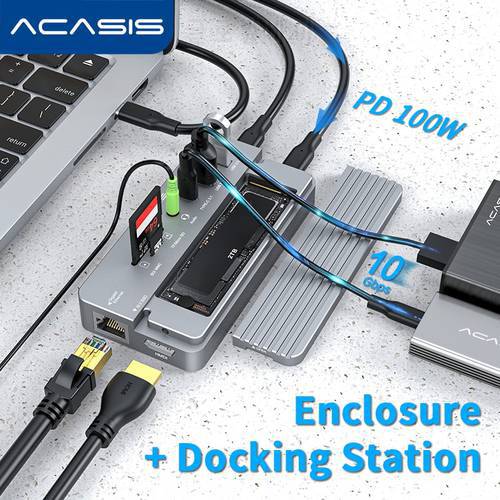 Acasis USB 3.1 Hub 10 Ports TypeC Dock Station RJ45 HDMI-Compatible TF/SD Card with M.2 NVME/SATA SSD Enclosure Type-C Splitter