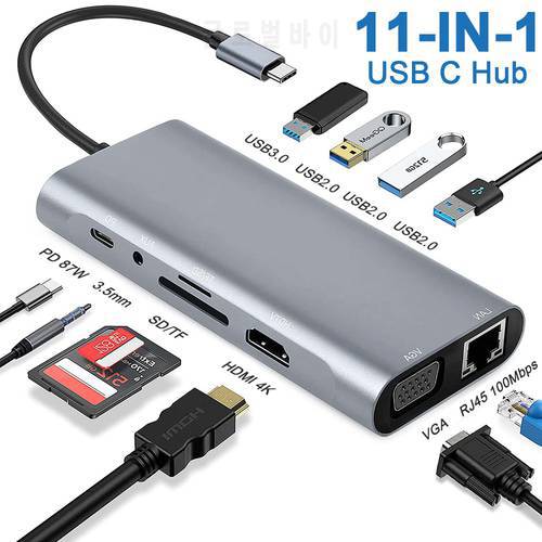 USB C Hub Type C To HDMI 4K Adapter OTG with VGA Thunderbolt 3 PD RJ45 Ethernet SD/TF 3.5mm for MacBook Pro/Air Type-C Laptops